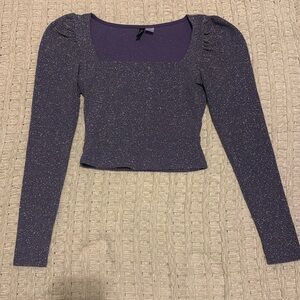 H&M Purple Glitter Knit Puff Sleeve Square Neck Crop Top